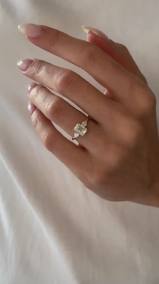 1.50ct Emerald Cut Center Stone With Two Trillion Cut Side Stone Lab Grown Diamond Ring Engagement Ring For Her and Wedding Ring For Women