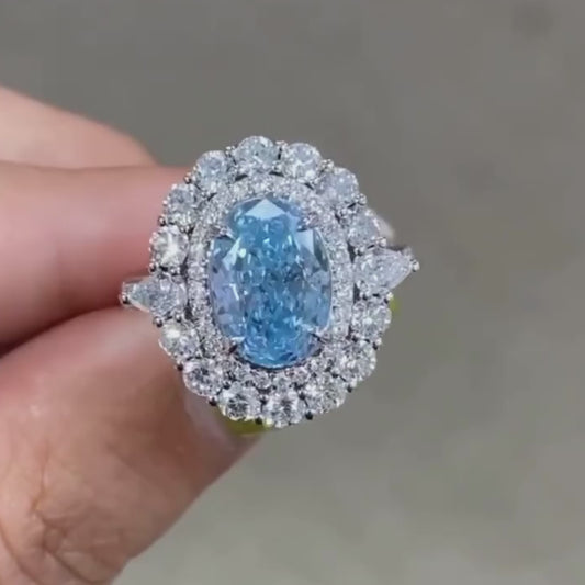 Oval fancy blue 5.50 TCW lab created diamond ring, halo engagement ring, bridal jewelry, anniversary gift for her women