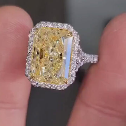 7.00 CT Fancy Yellow Radiant Lab Grown Diamond Engagement Ring | Pear Side Stone Halo Ring | IGI Certified
