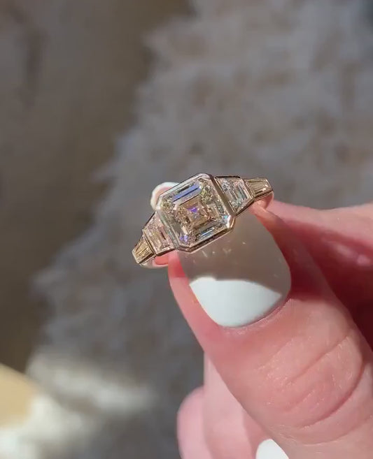 3.00 TCW Asscher Lab Grown Diamond Engagement Ring | IGI Certified | Five Stone Bezel Design