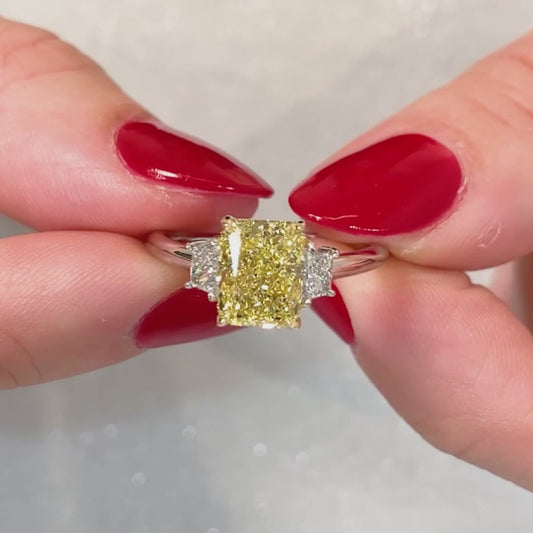 2.50 TCW Fancy Yellow Radiant Lab Grown Diamond Engagement Ring | Three Stone Ring | IGI Certified