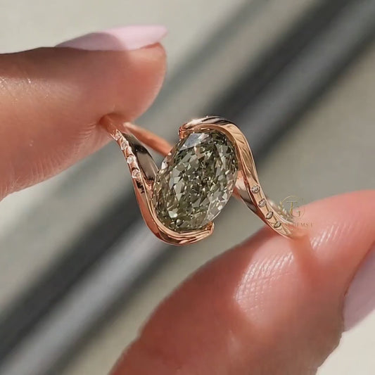 2.00 CT Fancy Green Oval Lab Grown Diamond Engagement Ring | Modern Bypass Ring | IGI Certified