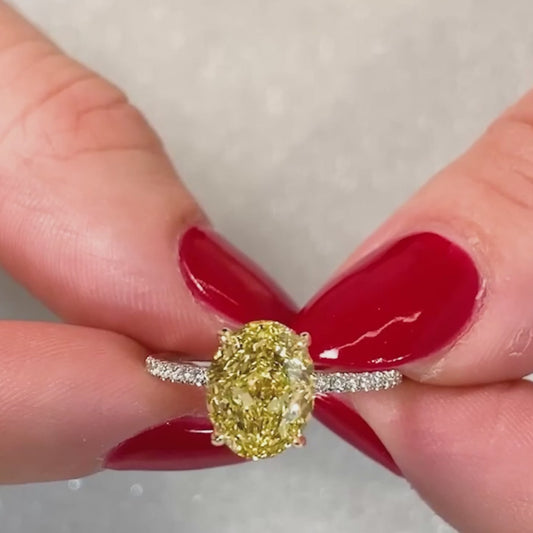 2.90 TCW Fancy Yellow Oval Lab Grown Diamond Engagement Ring | Hidden Halo Ring | IGI Certified