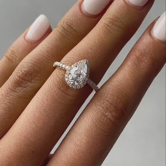 2.00 CT Pear Lab Grown Diamond Engagement Ring | Halo Pavé Ring | IGI Certified