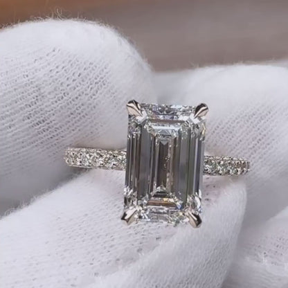 5.00 CT Emerald Lab Grown Diamond Engagement Ring | 5 CT Center Stone | Pavé Band with Hidden Halo | IGI Certified