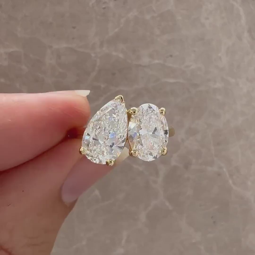 3.50 TCW toi et moi pear oval lab grown diamond engagement ring IGI certified luxury bridal wedding ring sustainable jewelry gift for her women ring