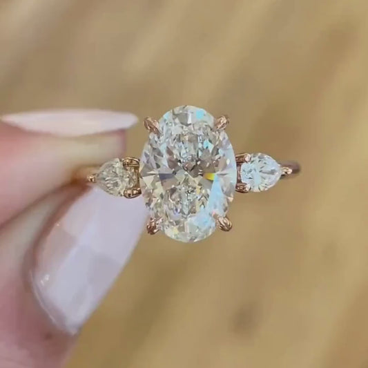 Oval 4.5ct lab grown diamond engagement ring two pear side stones wedding bridal marriage ring luxury gift for her wife elegant jewelry design
