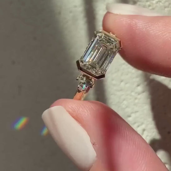 Emerald cut lab grown diamond ring 2.20TCW, half bezel engagement ring, round accent stones, IGI certified bridal jewelry
