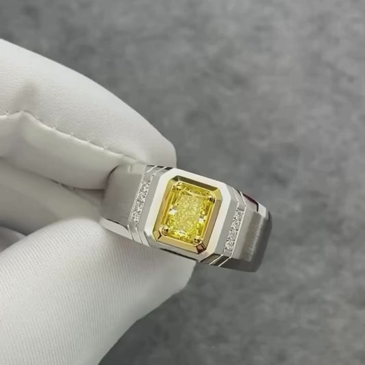 2.05 TCW radiant fancy yellow lab grown diamond IGI certified men’s bezel set ring engagement wedding gold fine jewelry statement luxury design