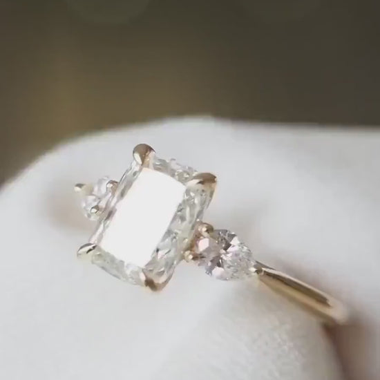 Cushion cut center diamond ring 4ct, pear cut side stone engagement ring, lab grown bridal ring, anniversary wedding jewelry for women