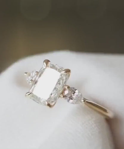 Cushion cut center diamond ring 4ct, pear cut side stone engagement ring, lab grown bridal ring, anniversary wedding jewelry for women