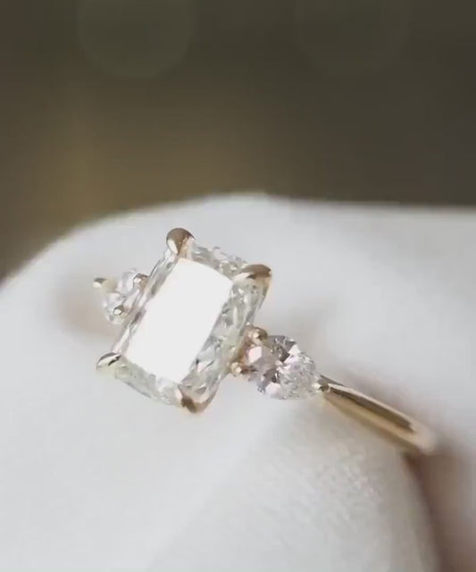Cushion cut center diamond ring 4ct, pear cut side stone engagement ring, lab grown bridal ring, anniversary wedding jewelry for women