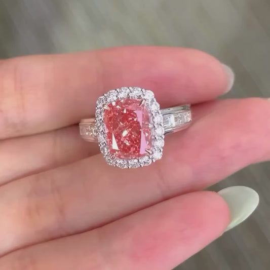 IGI certified 5.50 TCW cushion cut pink lab created diamond ring, halo engagement ring, luxury bridal jewelry gift for her