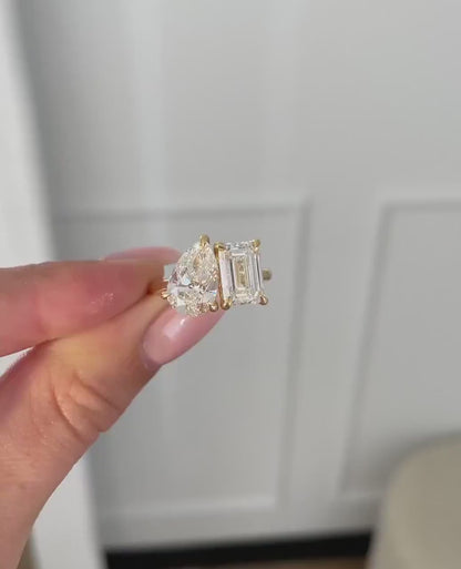 5.0TCW Pear and Emerald Cut Lab Grown Diamond Engagement Ring | IGI Certified | Toi Et Moi Ring