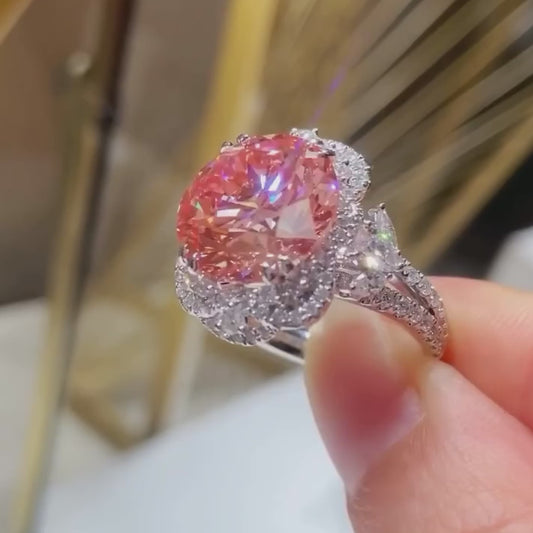 Fancy pink round 4.50 TCW lab grown diamond IGI certified engagement ring halo setting wedding ring bridal jewelry gift for her wife luxury ring
