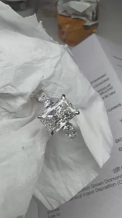 7.00 CT Radiant Lab Grown Diamond Engagement Ring | Hidden Halo Cathedral Ring | IGI Certified