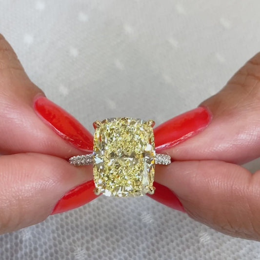 Luxury 8.00 TCW fancy yellow cushion lab grown diamond engagement ring IGI certified hidden halo two-tone gold bridal wedding ring for women