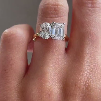 4.00 TCW Oval and Emerald Lab Grown Diamond Engagement Ring |Toi Et Moi Ring | IGI Certified