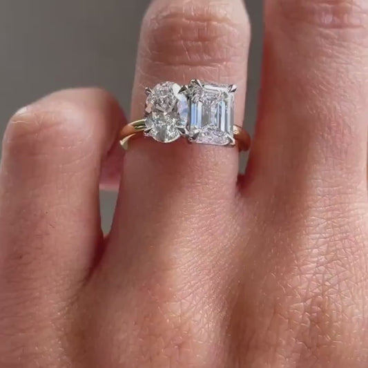 4.00 TCW Oval and Emerald Lab Grown Diamond Engagement Ring |Toi Et Moi Ring | IGI Certified