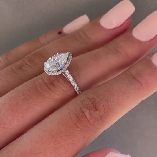 Pear cut 3.50 TCW lab grown diamond engagement ring, IGI certified, halo pavé bridal ring, luxury sustainable wedding jewelry for women brides