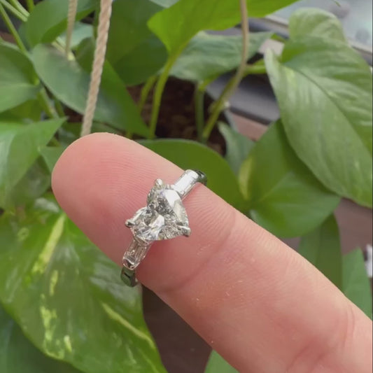 1.40 TCW Heart  Lab Diamond Three Stone Ring | Baguette Accent Design | IGI Certified