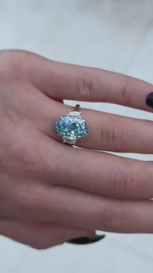 4.00 CT Fancy Blue Oval Lab Grown Diamond Engagement Ring | Three Stone Ring | IGI Certified