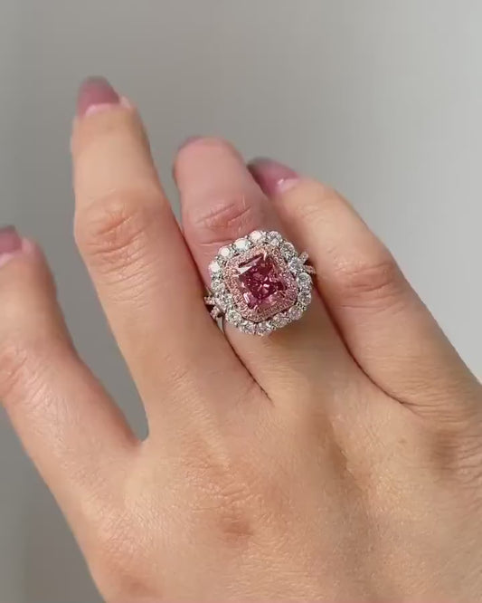 3.00 CT Fancy Pink Radiant Lab Grown Diamond Engagement Ring | Double Halo Ring | IGI Certified