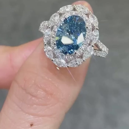Fancy blue oval lab created diamond ring, 2ct halo engagement ring, IGI certified luxury bridal ring, anniversary gift jewelry for her