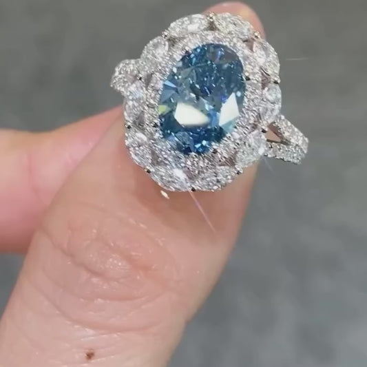 Fancy blue oval lab created diamond ring, 2ct halo engagement ring, IGI certified luxury bridal ring, anniversary gift jewelry for her