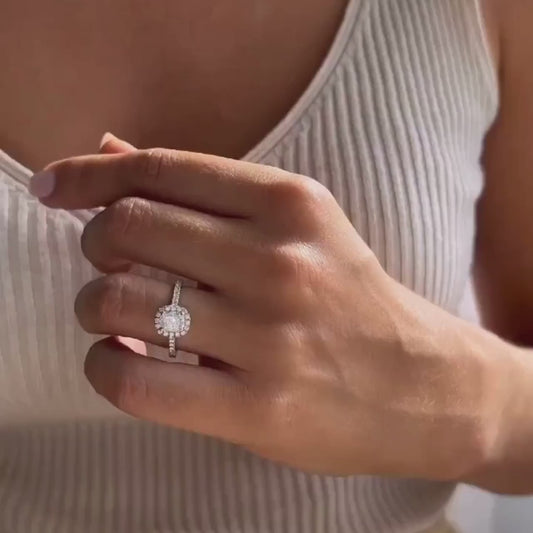 Cushion cut lab grown diamond ring 1.50ct, halo cathedral engagement ring, IGI certified bridal jewelry, sustainable luxury diamond engagement ring
