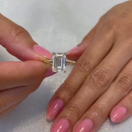3.00 CT Emerald Cut Lab Grown Diamond Engagement Ring | Knife Edge Split Pavé Band | Rose Gold | IGI Certified