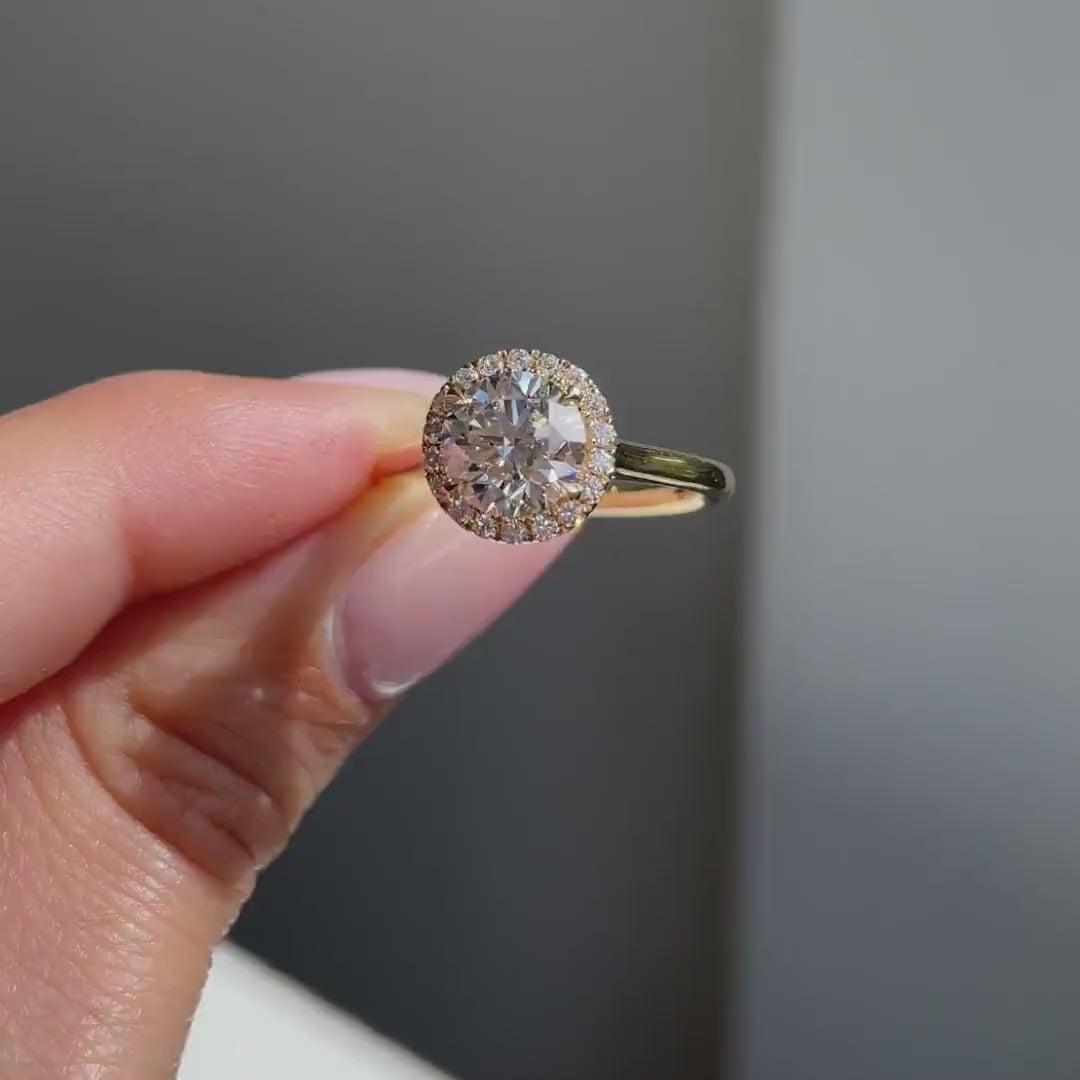 Round lab created diamond engagement ring with halo setting and 1.25ct center, 1.45TCW IGI certified bridal wedding jewelry