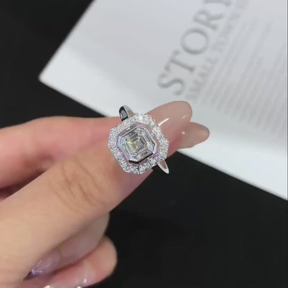 Modern 2.00TCW asscher cut lab grown diamond engagement ring IGI certified bezel halo cathedral setting ethical diamond engagement wedding bridal jewelry ring