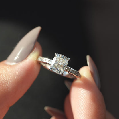 2.00 CT Cushion Lab Grown Diamond Engagement Ring | Hidden Halo Double Pave Band | IGI Certified