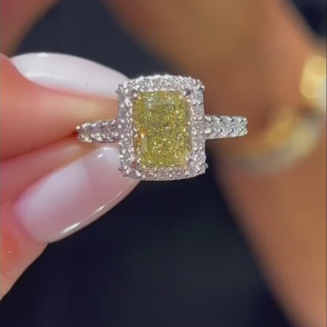 3.40 tcw cushion yellow lab grown diamond ring halo setting side stones engagement ring IGI certified wedding ring bridal jewelry luxury elegant