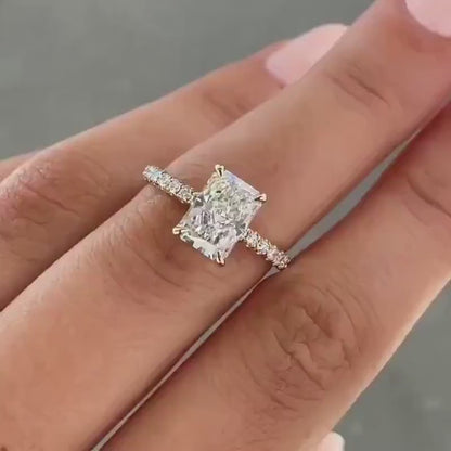 5.0ct Radiant Cut Lab Grown Diamond Solitaire Ring With Pave Band & Hidden Halo