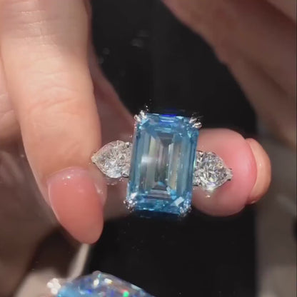 11.00 CT Fancy Blue Emerald Lab Grown Diamond Engagement Ring | Three Stone Ring | IGI Certified