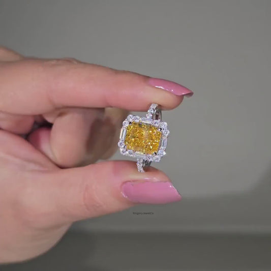 2.00 CT Fancy Yellow Radiant Lab Grown Diamond Engagement Ring | Halo Setting | IGI Certified