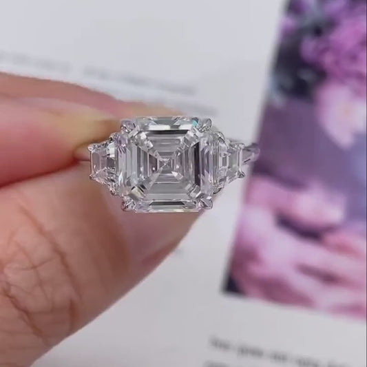 Asscher cut 5ct lab created diamond ring with trapezoid side stones, IGI certified engagement ring for women