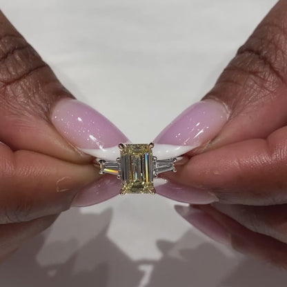 IGI certified fancy yellow emerald lab grown diamond 2.60 TCW engagement ring three stone bridal ring luxury sustainable fine jewelry wedding ring