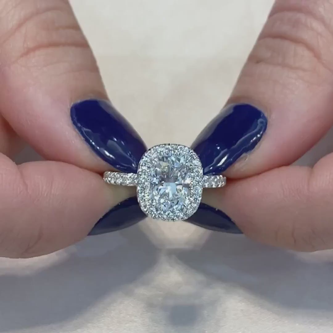 1.50 CT cushion cut lab created diamond ring, halo engagement ring, white gold bridal jewelry, IGI certified ring for her