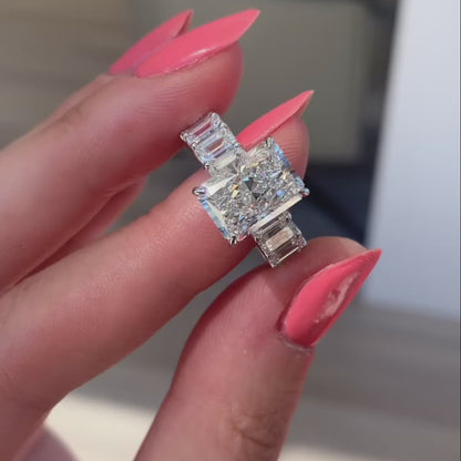 10.00CT Radiant Lab Grown Diamond Engagement Ring | Emerald Side Stones Setting | IGI Certified