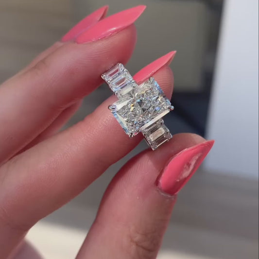 11.30TCW Radiant Lab Grown Diamond Engagement Ring | Emerald Side Stones Setting | IGI Certified