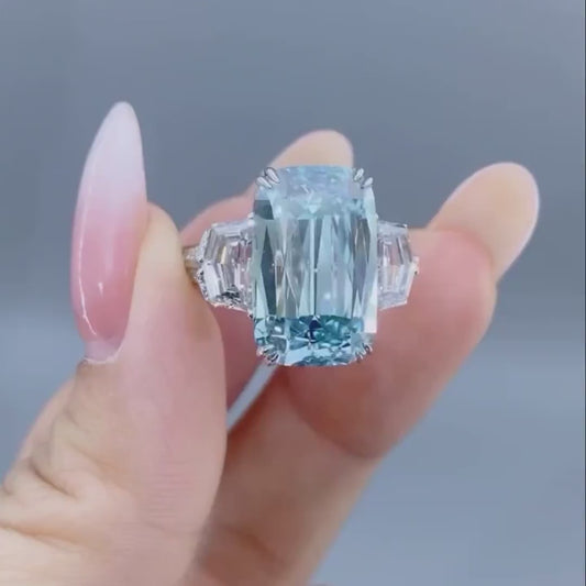5.00 CT Fancy Blue Emerald Lab Grown Diamond Engagement Ring | Three Stone Ring | IGI Certified