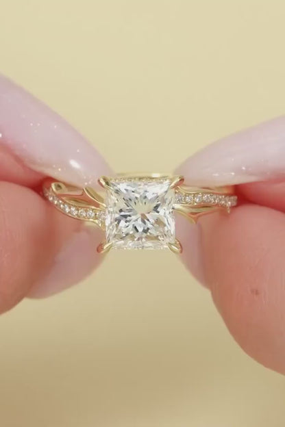 2.00ct Princess Lab Grown Diamond Engagement Ring | Solitaire Pave Twisted Band Hidden Halo | IGI Certified