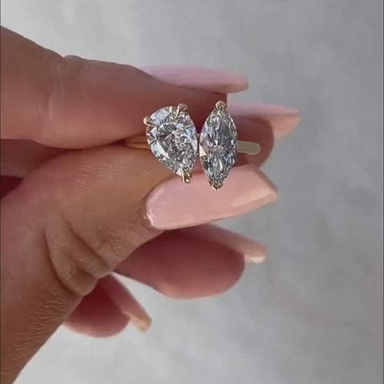 Modern 2.00TCW pear and marquise lab grown diamond engagement ring IGI certified toi et moi setting ethical diamond engagement wedding bridal jewelry ring