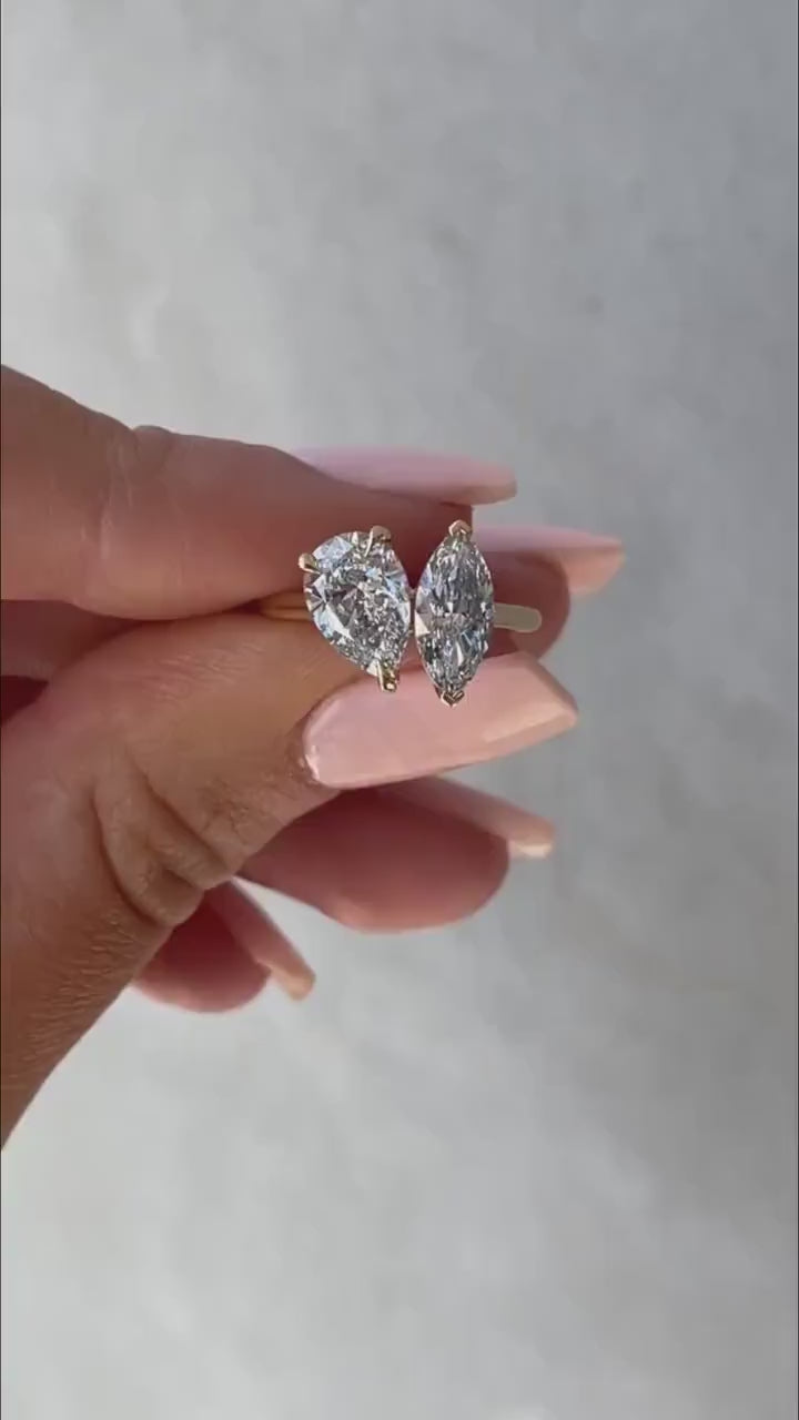 Modern 2.00TCW pear and marquise lab grown diamond engagement ring IGI certified toi et moi setting ethical diamond engagement wedding bridal jewelry ring