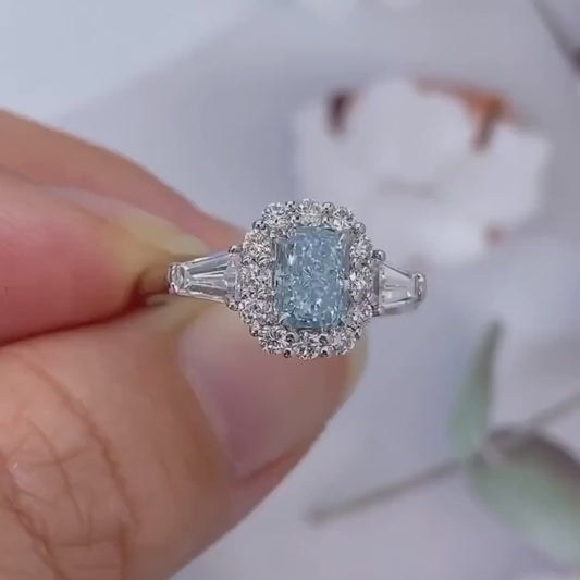 1.75 TCW Fancy Blue Radiant Lab Grown Diamond Engagement Ring | Three Stone Halo Ring | IGI Certified