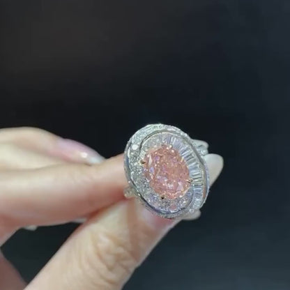 2ct Fancy Pink Oval Lab Grown Diamond Engagement Ring | Double Halo Setting | IGI Certified