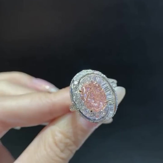 2ct Fancy Pink Oval Lab Grown Diamond Engagement Ring | Double Halo Setting | IGI Certified